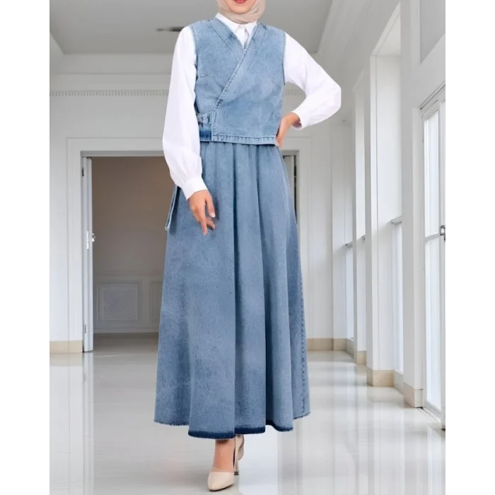 Yandan Bağlamalı Yelek Etek Kot Takım -Buz Mavi