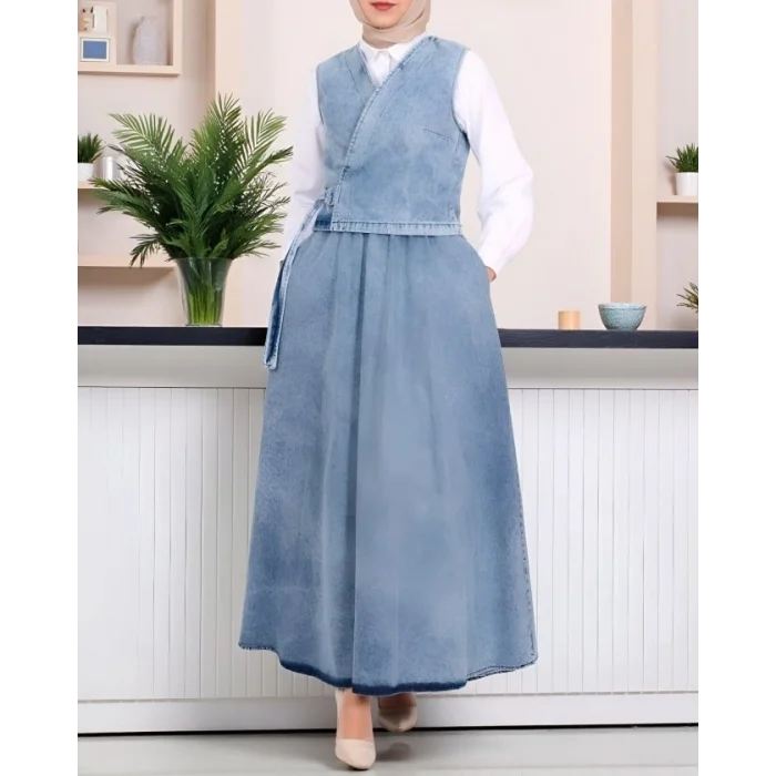 Yandan Bağlamalı Yelek Etek Kot Takım -Buz Mavi