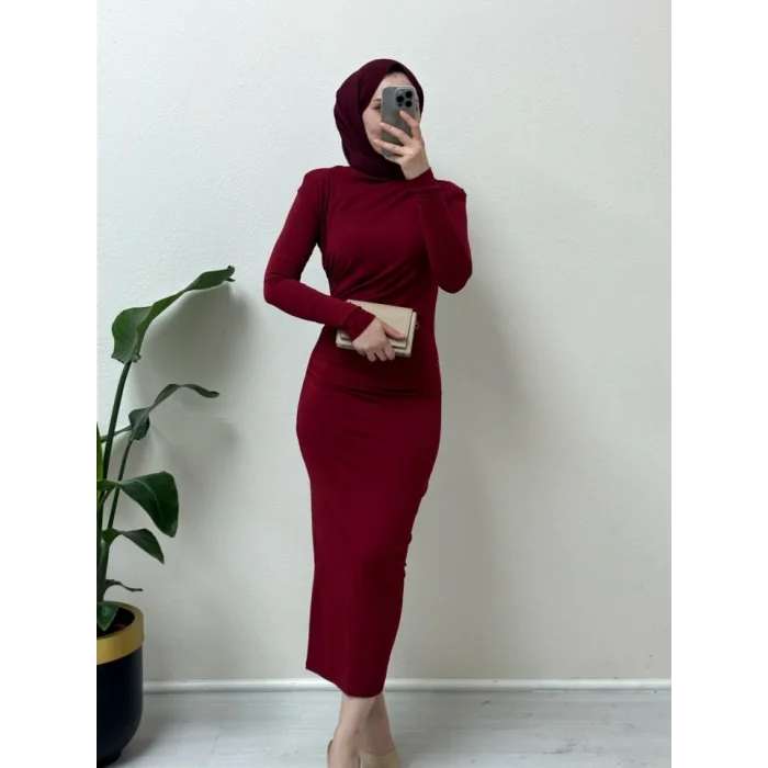 Yanı Büzgülü Uzun Skuba Elbise -Bordo