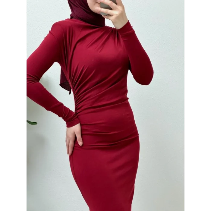 Yanı Büzgülü Uzun Skuba Elbise -Bordo