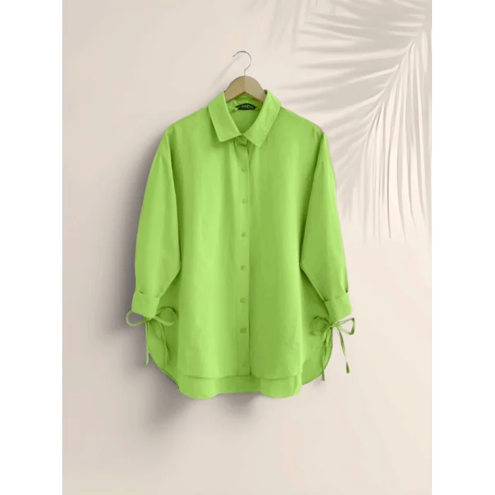Yanları Bağcıklı Arkası Uzun Gömlek -F.Yeşili