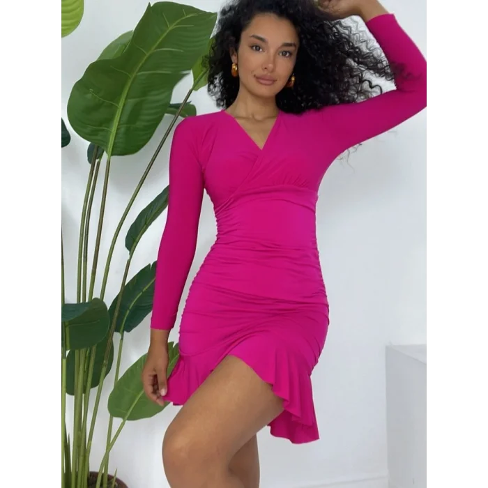 Yanları Lastikli Eteği Volanlı Sandy Mini Elbise -Fuşya