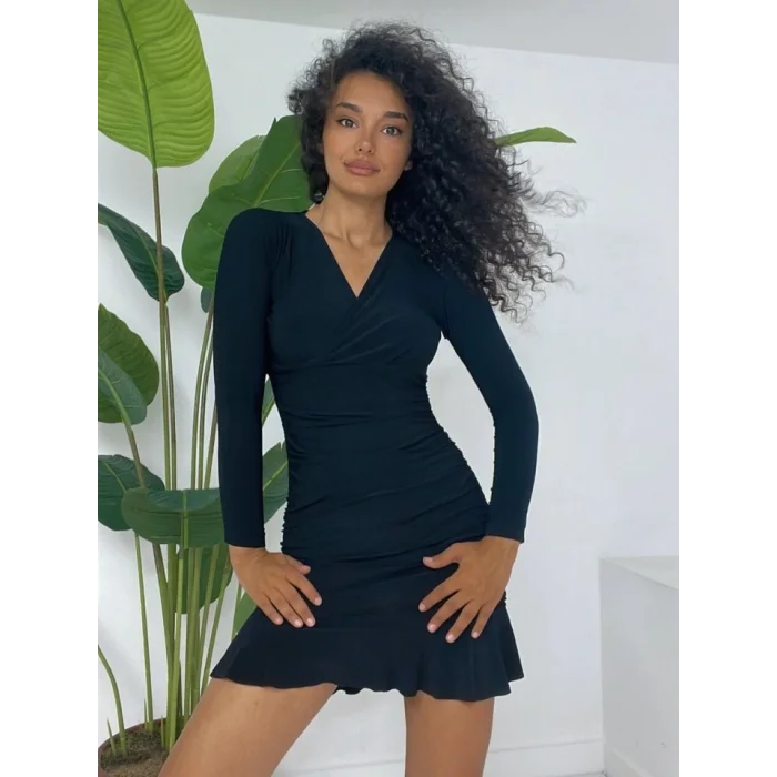 Yanları Lastikli Eteği Volanlı Sandy Mini Elbise -Siyah