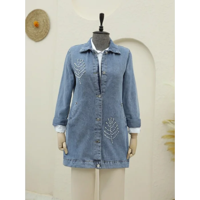 Yaprak Taş Detaylı Kot Ceket -Buz Mavi