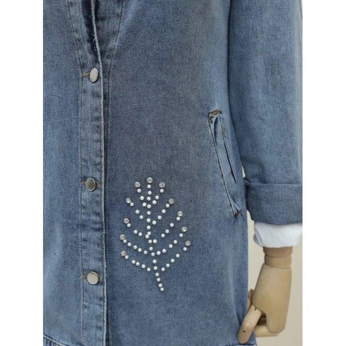 Yaprak Taş Detaylı Kot Ceket -Buz Mavi