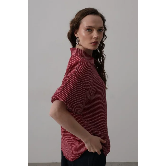 Yarım Balon Kol Çizgili Gömlek - Bordo