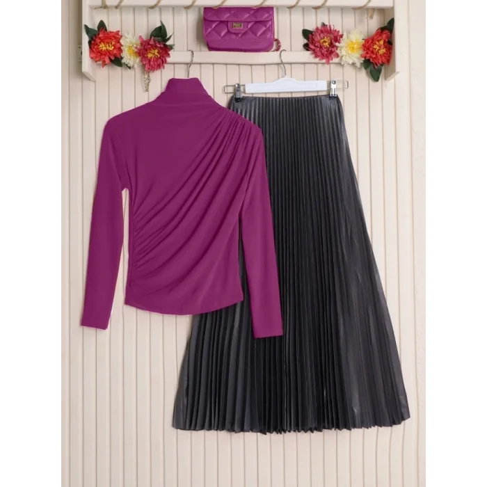 Yarım Boğaz Büzgülü Sandy Bluz  -Fuşya