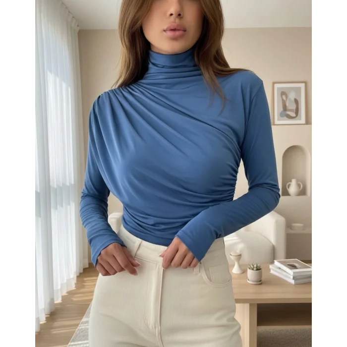 Yarım Boğaz Büzgülü Sandy Bluz        -İndigo