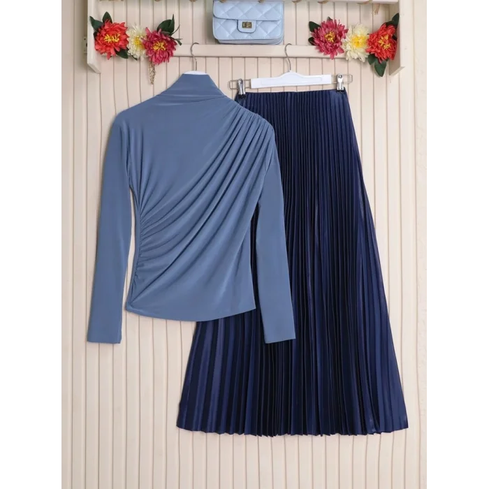 Yarım Boğaz Büzgülü Sandy Bluz        -İndigo