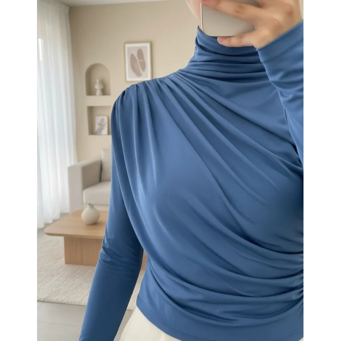 Yarım Boğaz Büzgülü Sandy Bluz        -İndigo