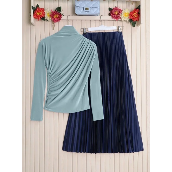 Yarım Boğaz Büzgülü Sandy Bluz         -Mint