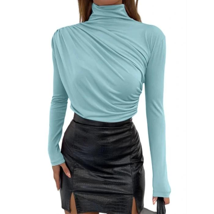 Yarım Boğaz Büzgülü Sandy Bluz         -Mint