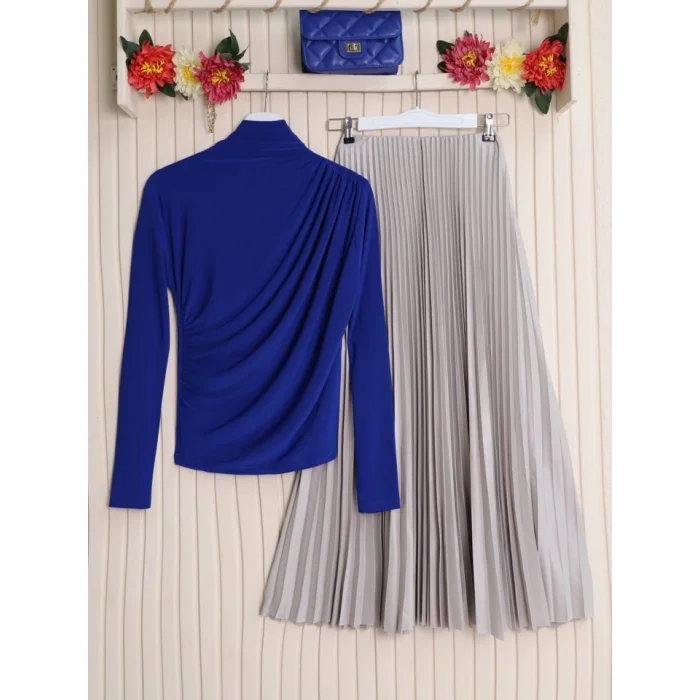 Yarım Boğaz Büzgülü Sandy Bluz  -Saks