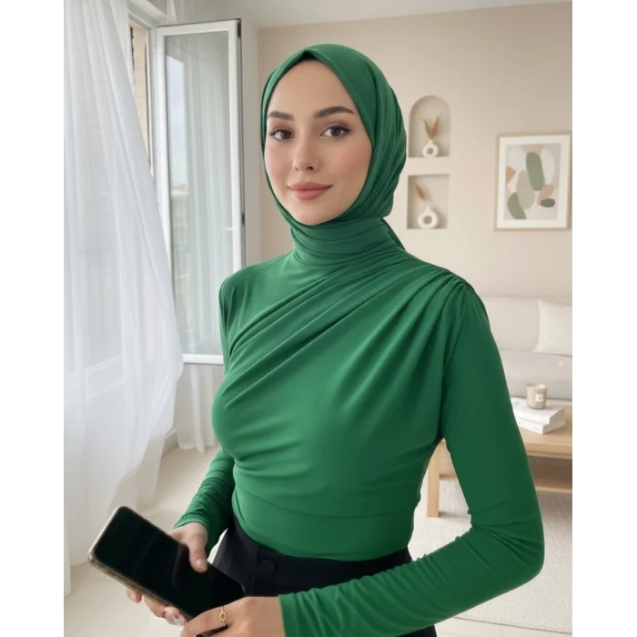 Yarım Boğaz Büzgülü Sandy Bluz -Yeşil