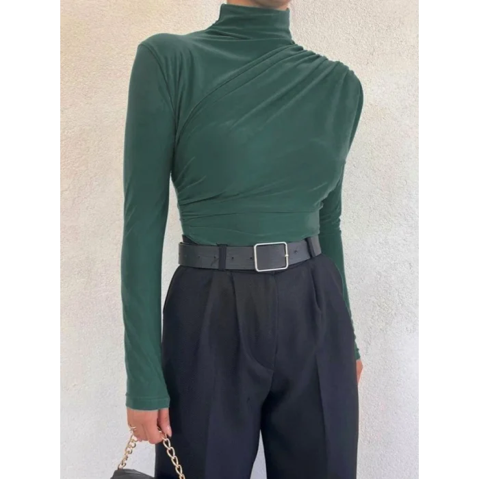 Yarım Boğaz Büzgülü Sandy Bluz -Zümrüt