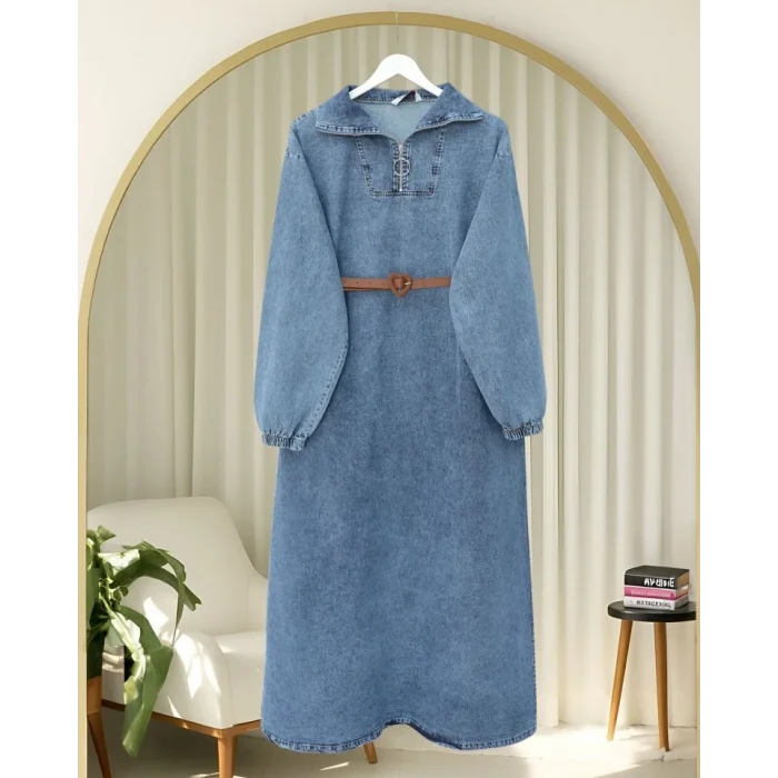 Yarım Boğazlı Fermuarlı Cepli Kot Elbise  -Buz Mavi