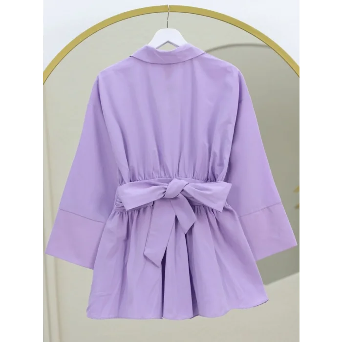 Yarım Düğmeli Beli Bağlamalı Yanı Fermuarlı Tunik -Lila