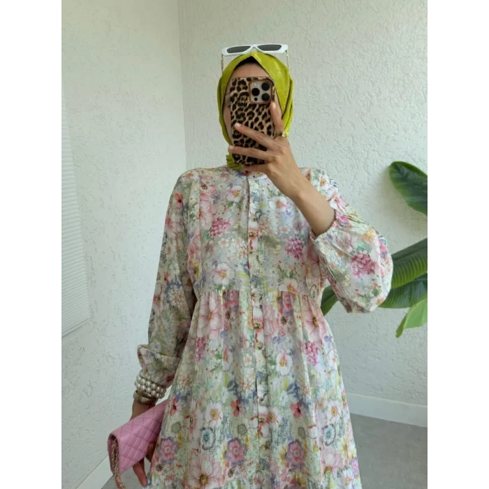 Yarım Düğmeli Kolu Lastikli Çiçek Baskılı Elbise -G.Kurusu