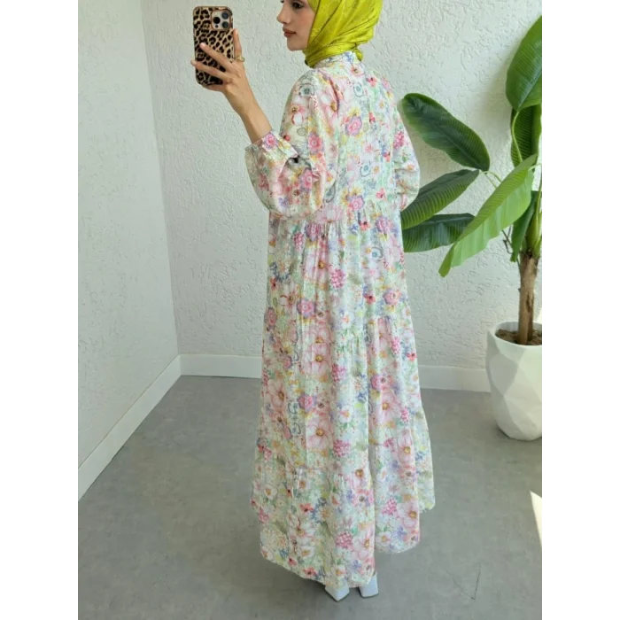 Yarım Düğmeli Kolu Lastikli Çiçek Baskılı Elbise -G.Kurusu