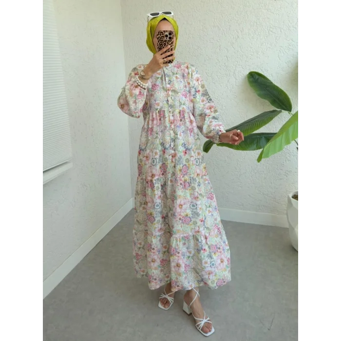 Yarım Düğmeli Kolu Lastikli Çiçek Baskılı Elbise -G.Kurusu