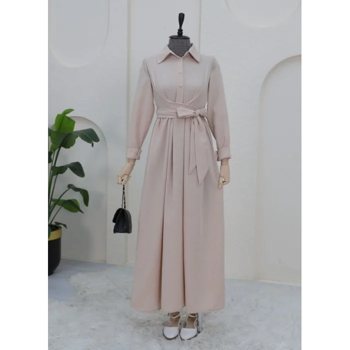 Yarım Düğmeli Önü Çapraz Bağlamalı Keten Elbise -Bej