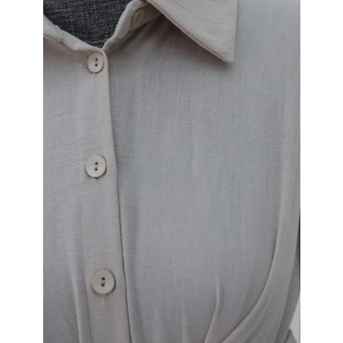 Yarım Düğmeli Önü Çapraz Bağlamalı Keten Elbise -Bej