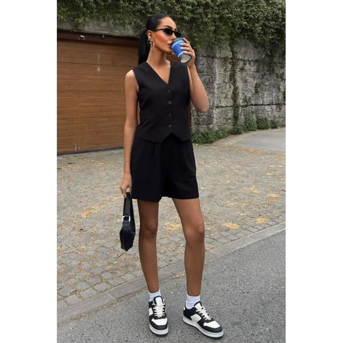 Yelek Şort Flamlı Keten Takım 10133-17