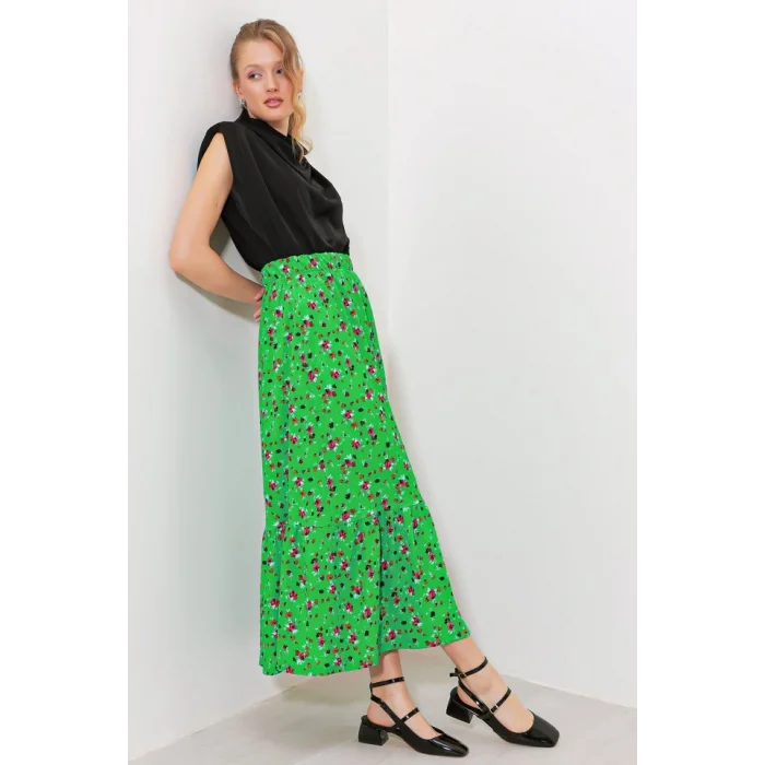 Yeşil Çiçek Desenli Uzun Örme Etek 1886