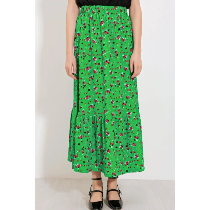 Yeşil Çiçek Desenli Uzun Örme Etek 1886