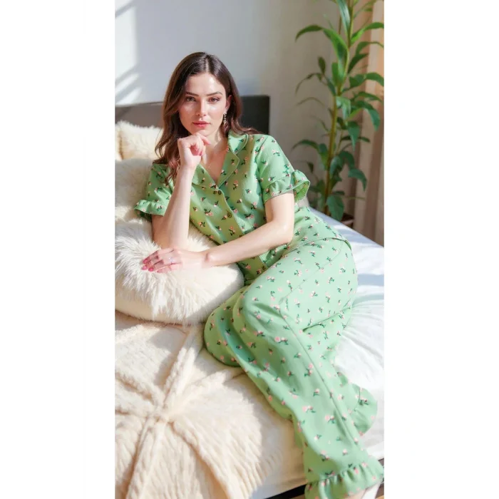 Yeşil Çiçekli Yaz Esintili Pijama Takımı 7345