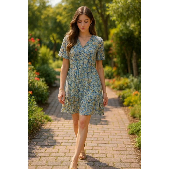 Yeşil Desenli Saten Elbise