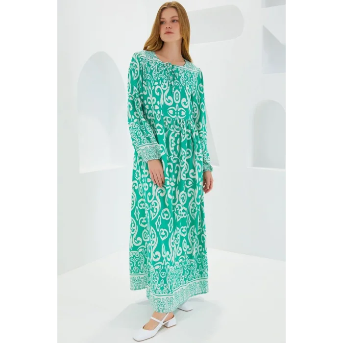 Yeşil Ekru Desenli Uzun Viskon Elbise 1947