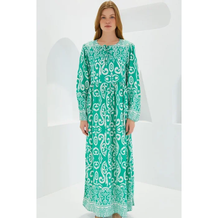 Yeşil Ekru Desenli Uzun Viskon Elbise 1947