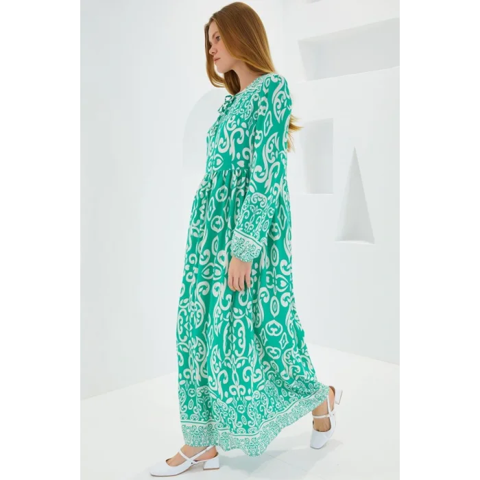 Yeşil Ekru Desenli Uzun Viskon Elbise 1947