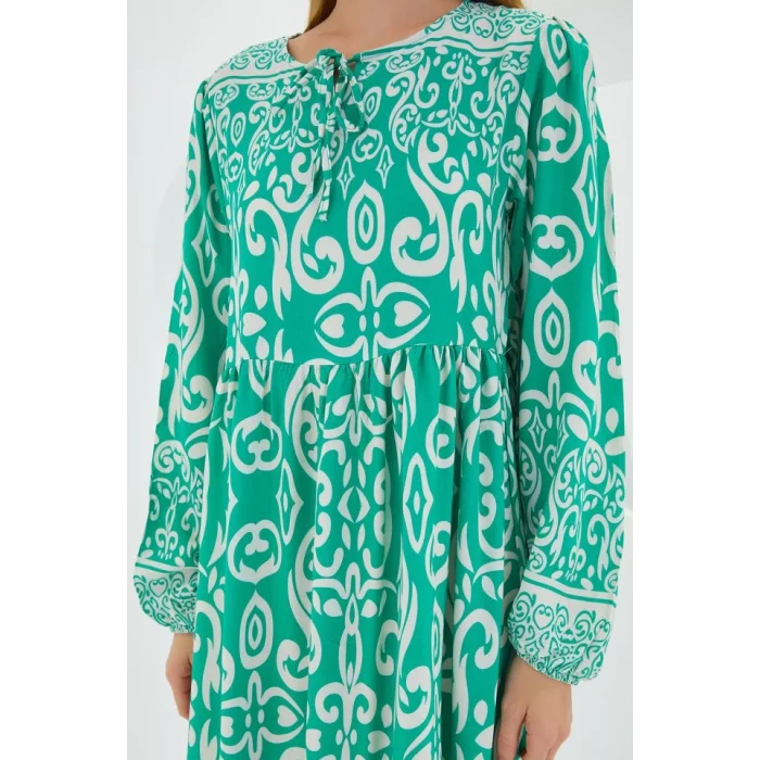 Yeşil Ekru Desenli Uzun Viskon Elbise 1947