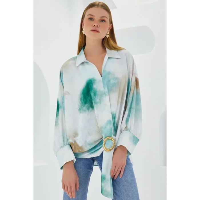 Yeşil Ekru Oversize Dökümlü Saten Gömlek 907