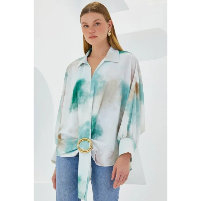 Yeşil Ekru Oversize Dökümlü Saten Gömlek 907