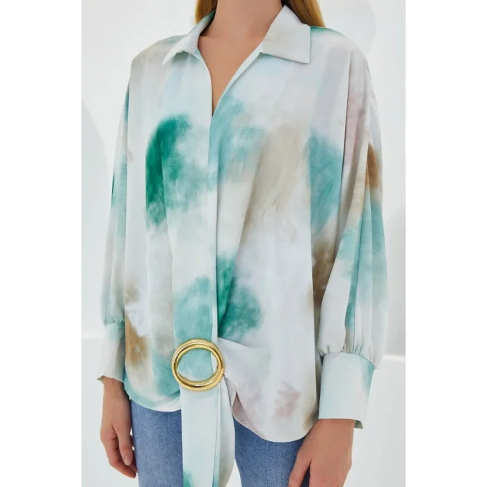 Yeşil Ekru Oversize Dökümlü Saten Gömlek 907