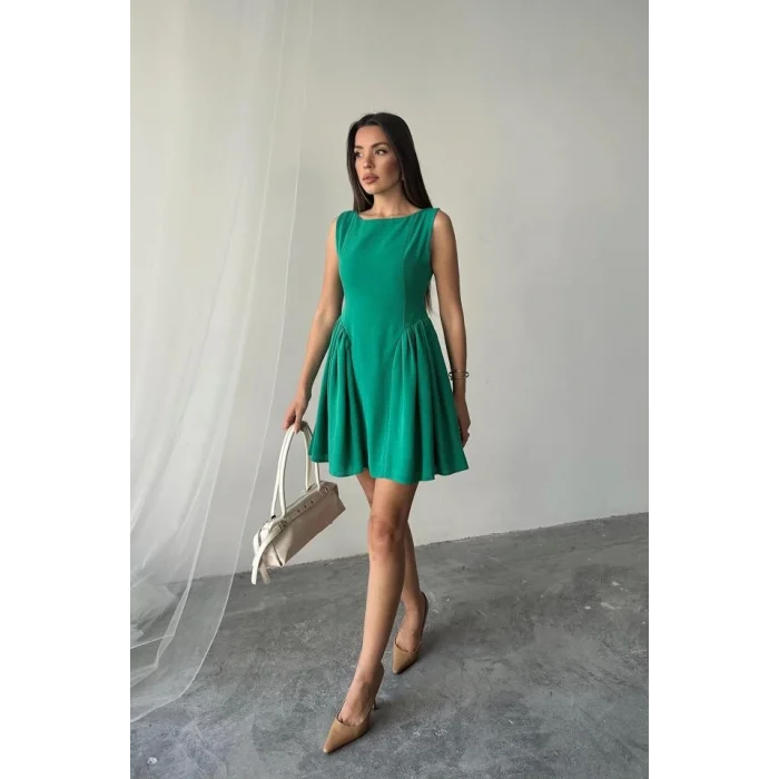 Yeşil Mini Boy Büzgülü Keten Elbise