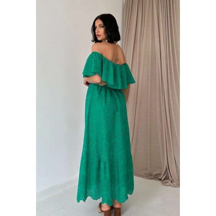 Yeşil Omzu Lastikli Brode Elbise