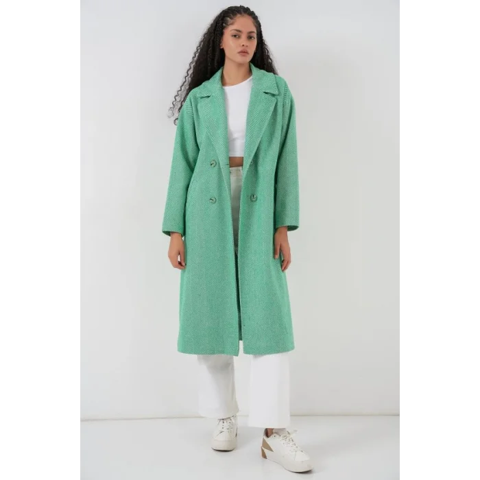 Yeşil Oversize Geniş Kesim Yünlü Uzun Kaşe Kaban 9113