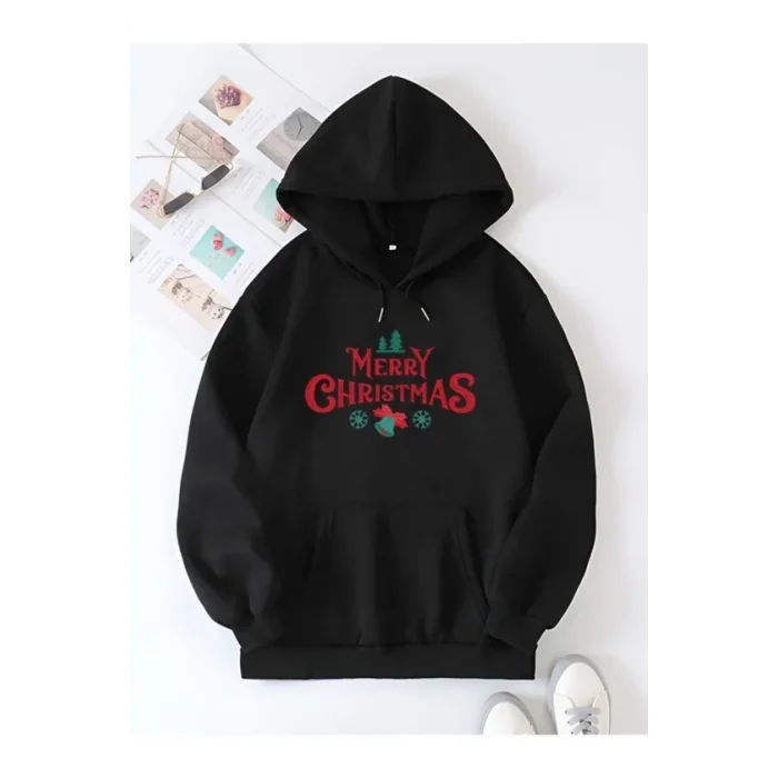 Yılbaşı Merry Christmas Baskılı Oversize Kapüşonlu Sweatshirt Hoodie - Siyah