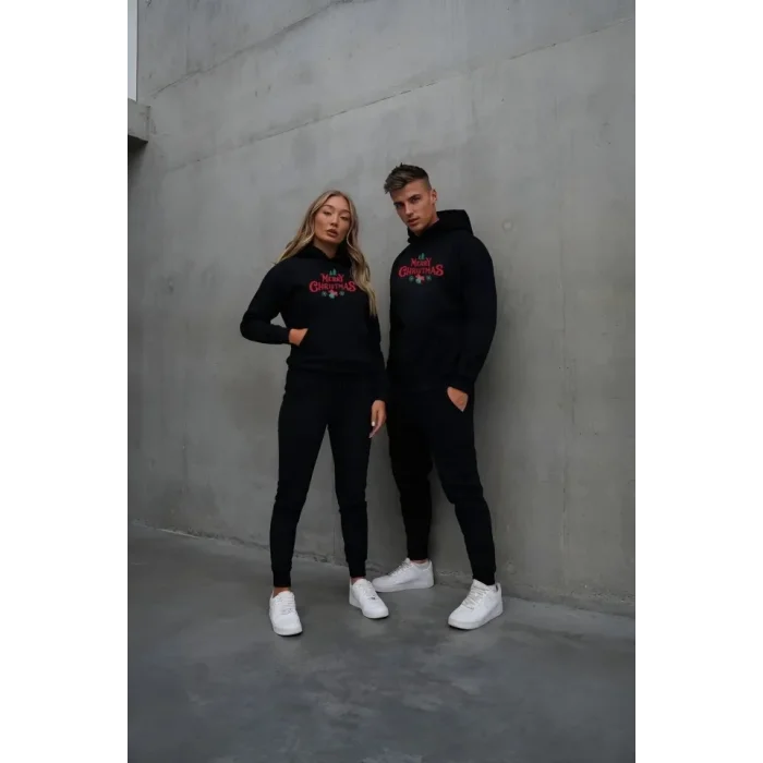 Yılbaşı Merry Christmas Baskılı Oversize Kapüşonlu Sweatshirt Hoodie - Siyah