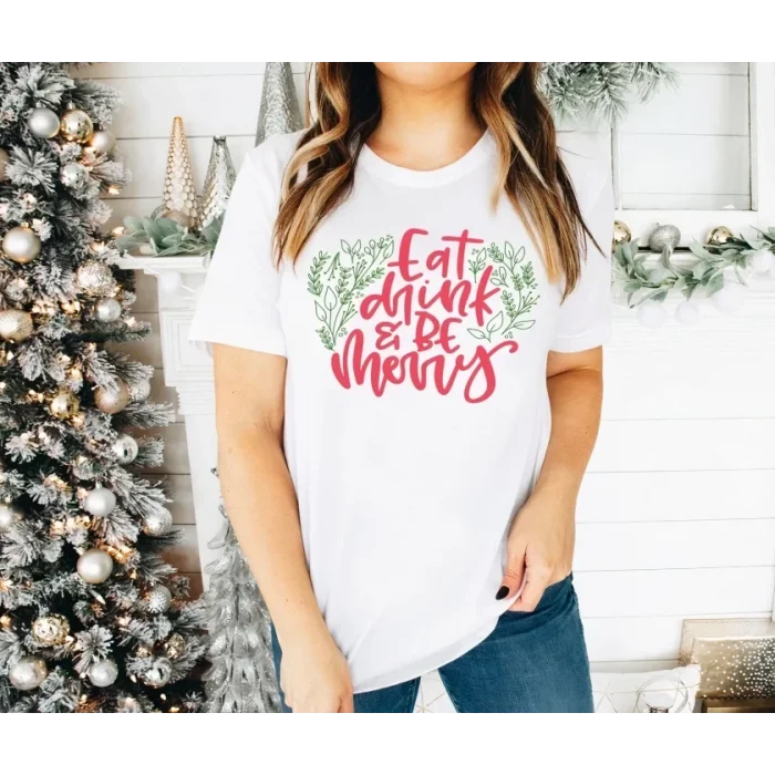 Yılbaşı Noel Baskılı Kısa Kollu Oversize Bisiklet Yaka T-shirt - Beyaz