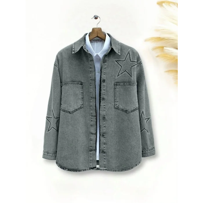 Yıldız Taş Baskılı Çift Cepli Kot Ceket -Füme