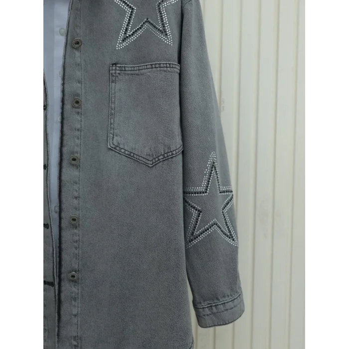 Yıldız Taş Baskılı Çift Cepli Kot Ceket -Füme