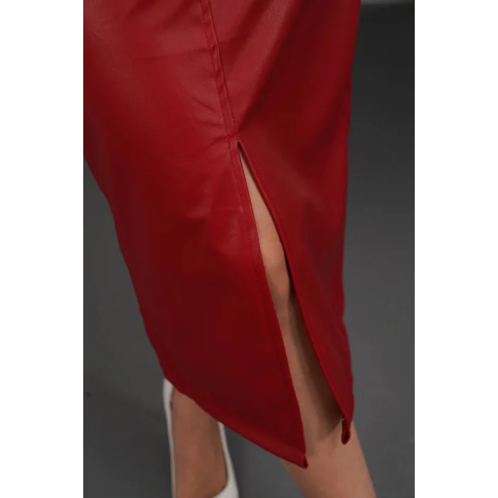 Yırtmaçlı uzun deri etek bordo