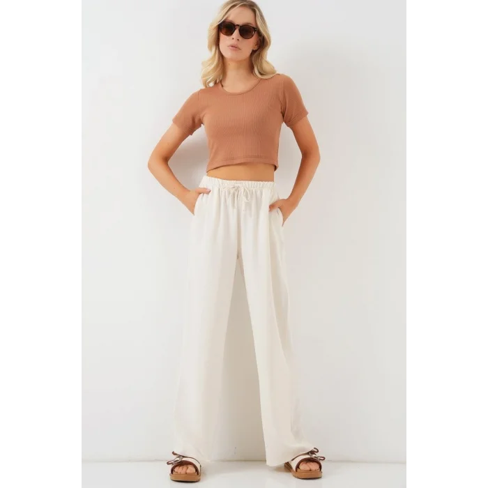 Yüksek Bel Bol Paça Pantolon - Krem
