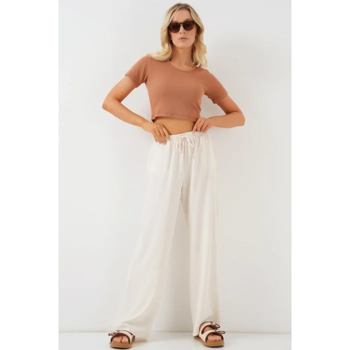 Yüksek Bel Bol Paça Pantolon - Krem