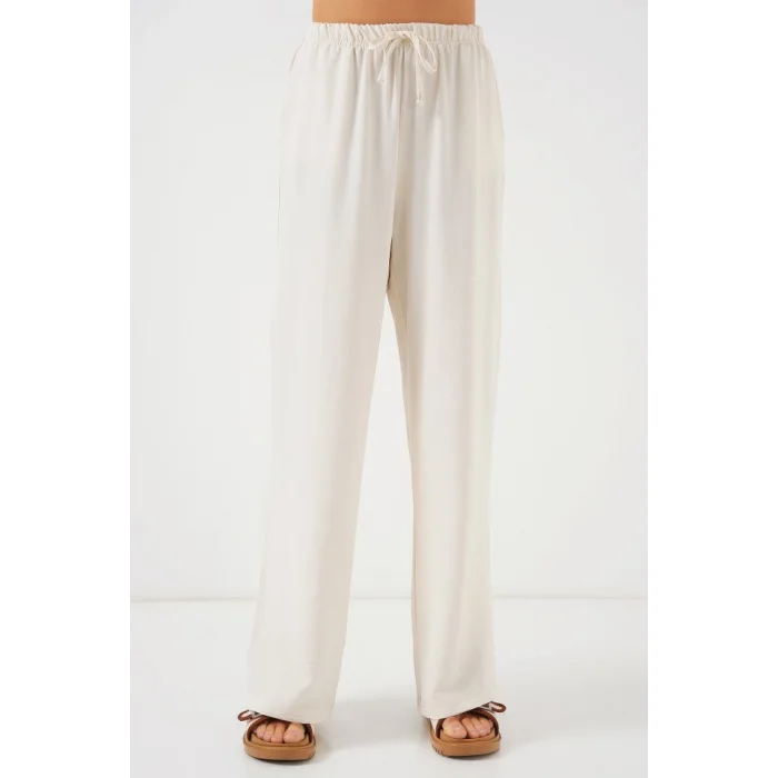Yüksek Bel Bol Paça Pantolon - Krem